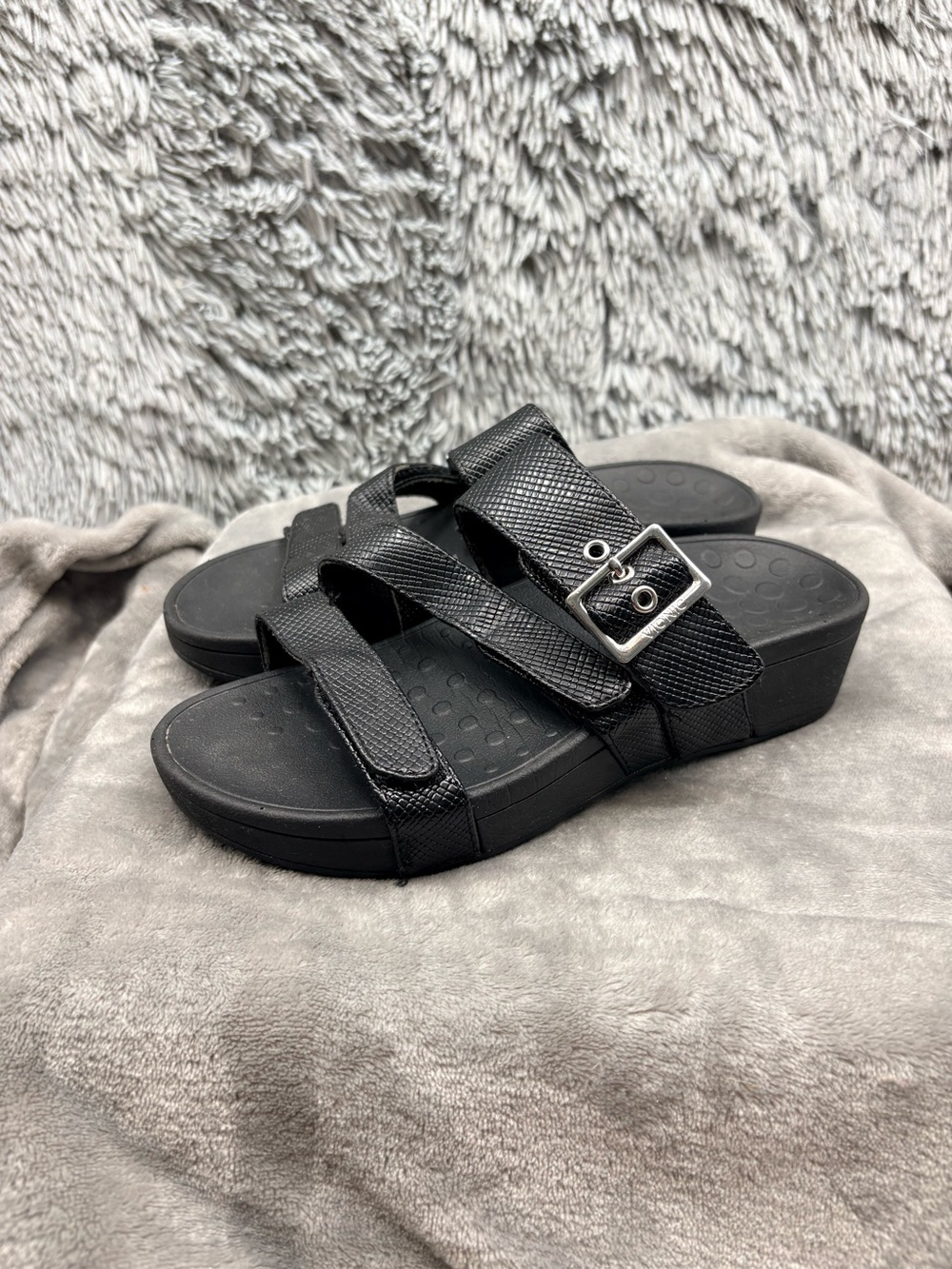 Vionic Rio Lizard Sandals Womens 6 Black Platform Pacific Slide Hook & Loop